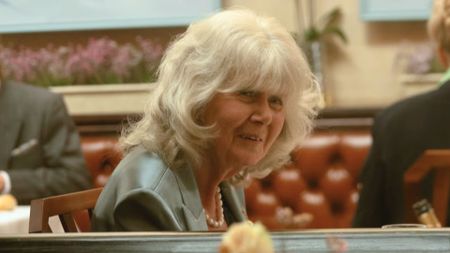 A screenshot of Jilly Cooper's cameo in Rivals season 1 episode 5
