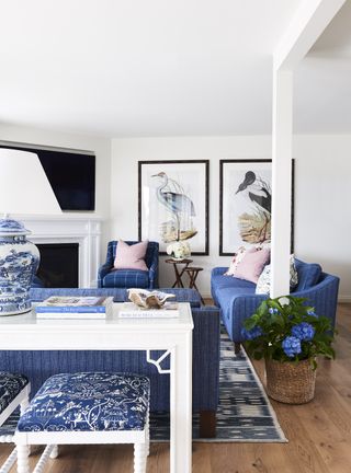 A living room with a blue color palette and nautical touches