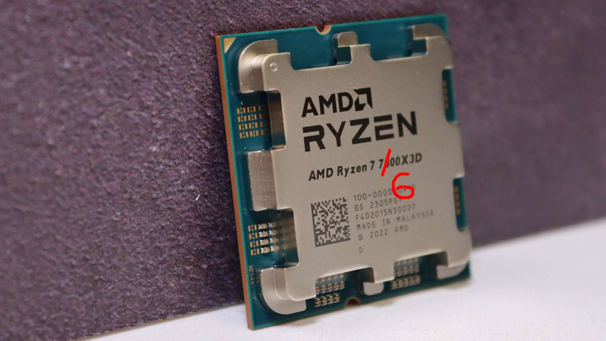 An image of an AMD Ryzen 7 7800X3D chip with its label amended to comically suggest it is a Ryzen 5 7600X3D