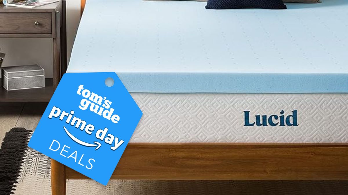 The Lucid Gel Memory Foam Mattres Topper with a Amazon Prime Day deals badge to signify that it&#039;s now 20% off in a queen