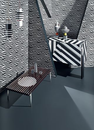 Black and white stripy wallpaper and furniture designs