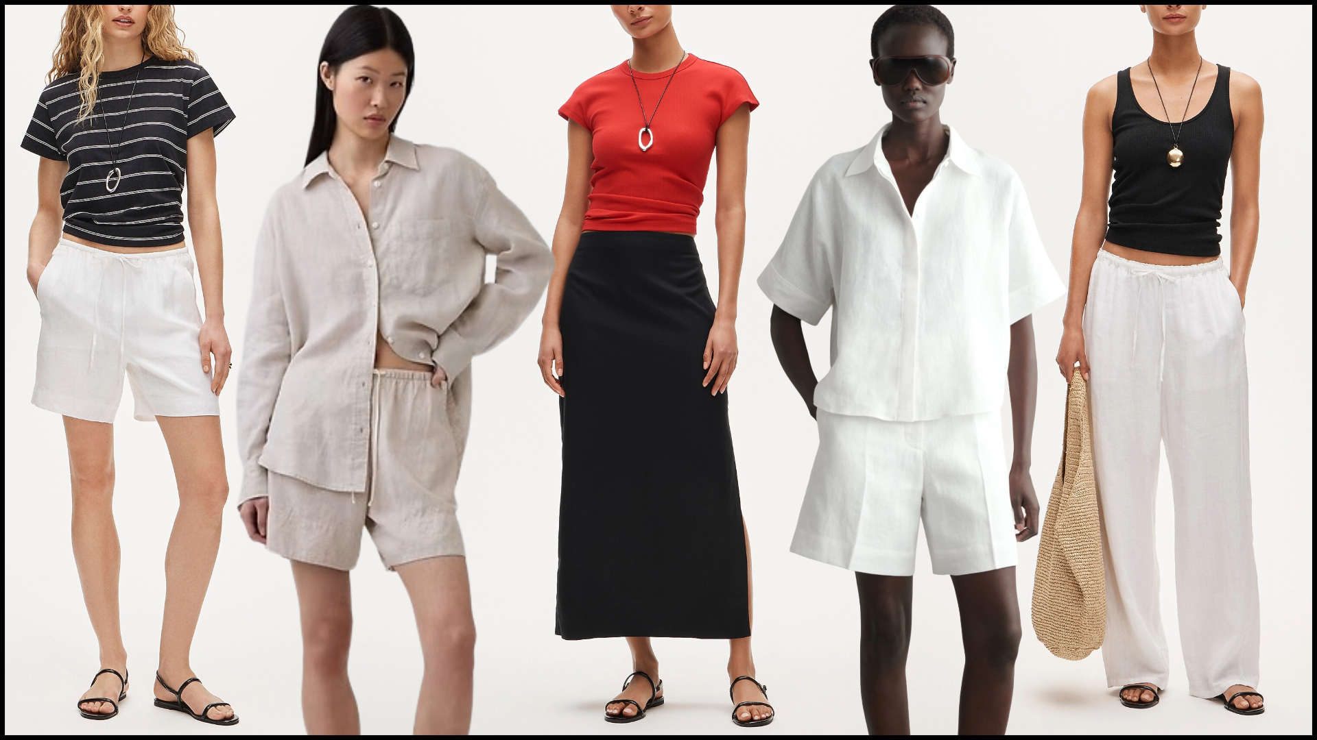 collage of models wearing linen from j.crew, gap, and cos on beige background with black border