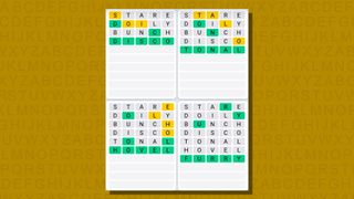 Quordle daily sequence answers for game 753 on a yellow background