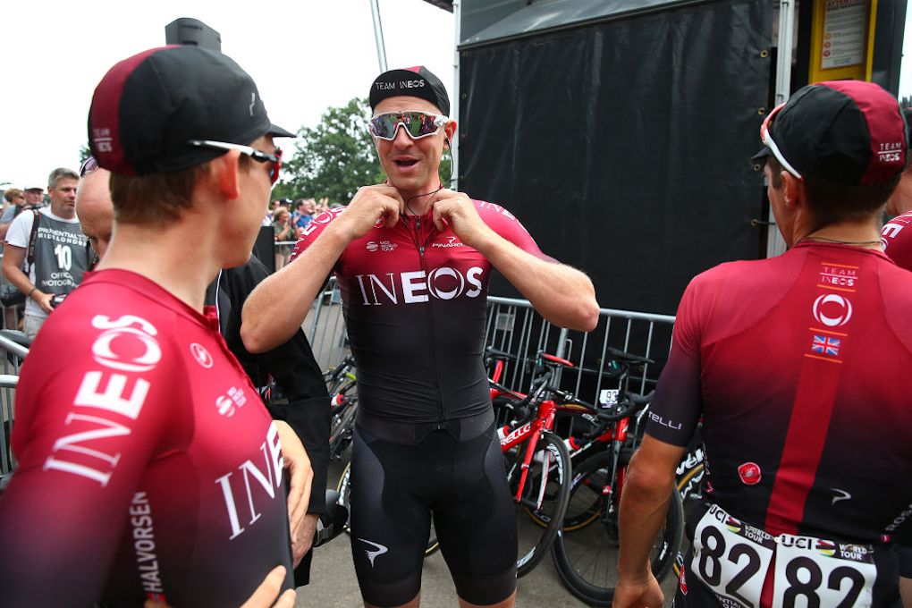 Team Ineos riders prepare for the start of RideLondon-Surrey Classic