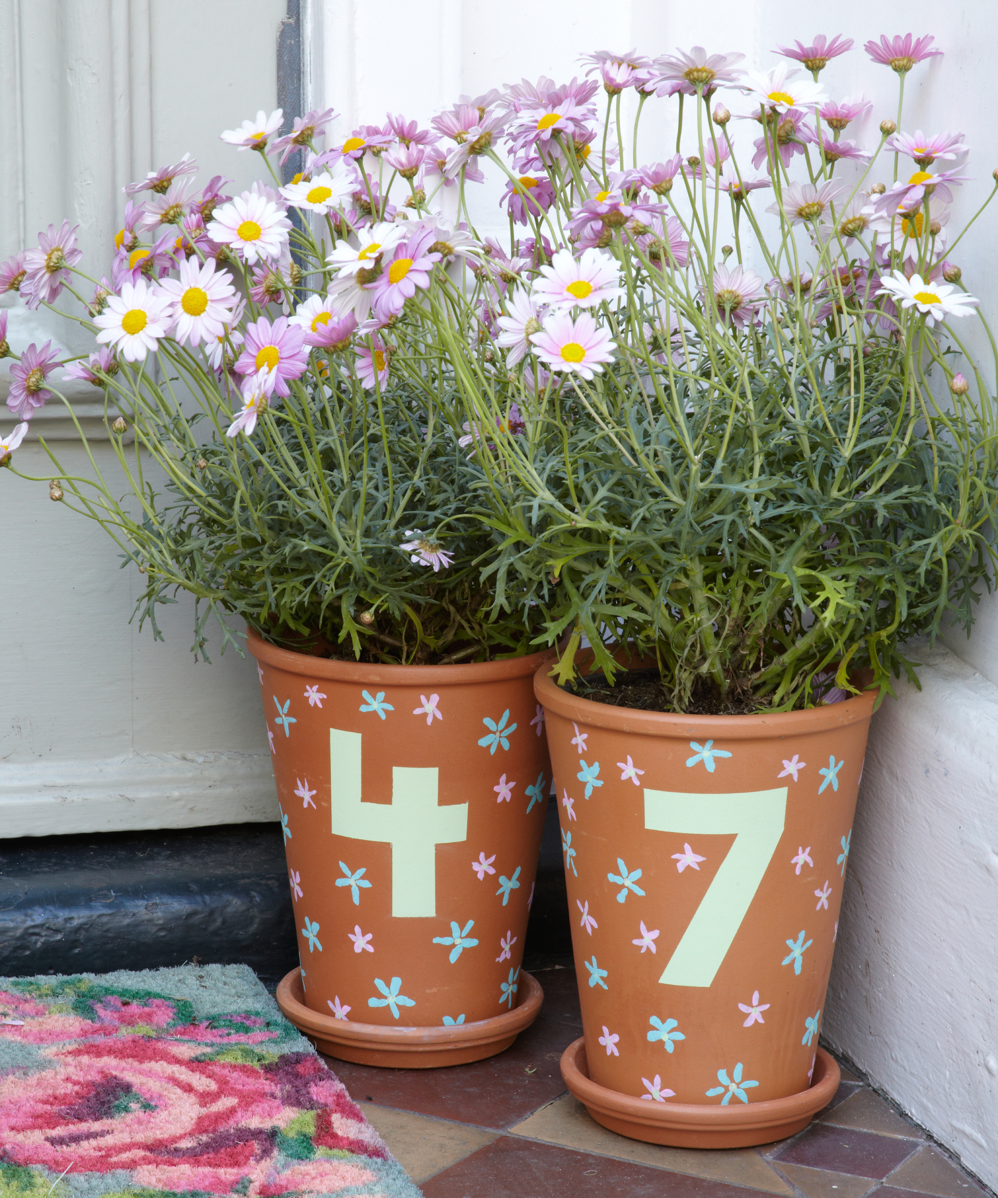 Quirky house number pots. Terracotta pots with bright hand painted house numbers