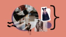 Photo collage of a person pouring coffee, a man using a coffee machine, and a product shot of Ovalware cold brew coffee maker