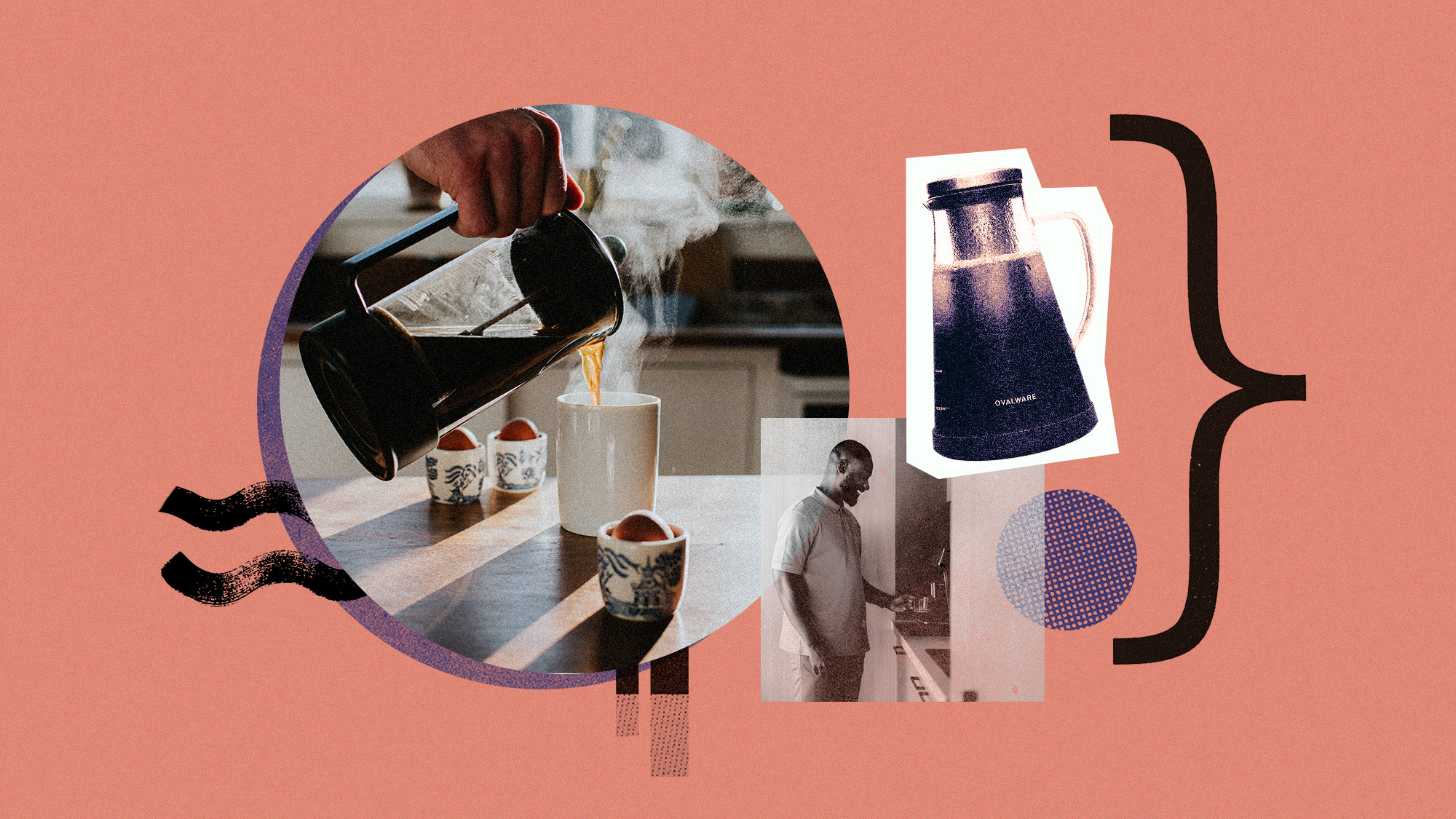 Photo collage of a person pouring coffee, a man using a coffee machine, and a product shot of Ovalware cold brew coffee maker