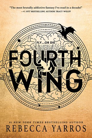 fourth wing book cover with a symbol featuring dragons flying in the clouds