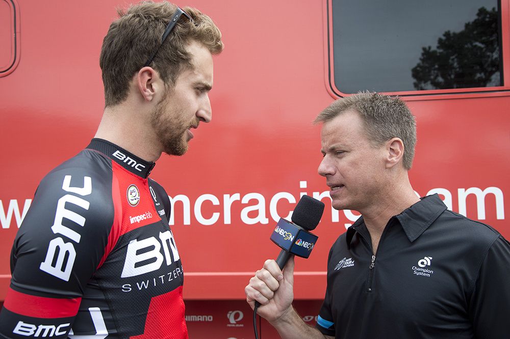 Taylor Phinney answers questions for NBC pre-stage