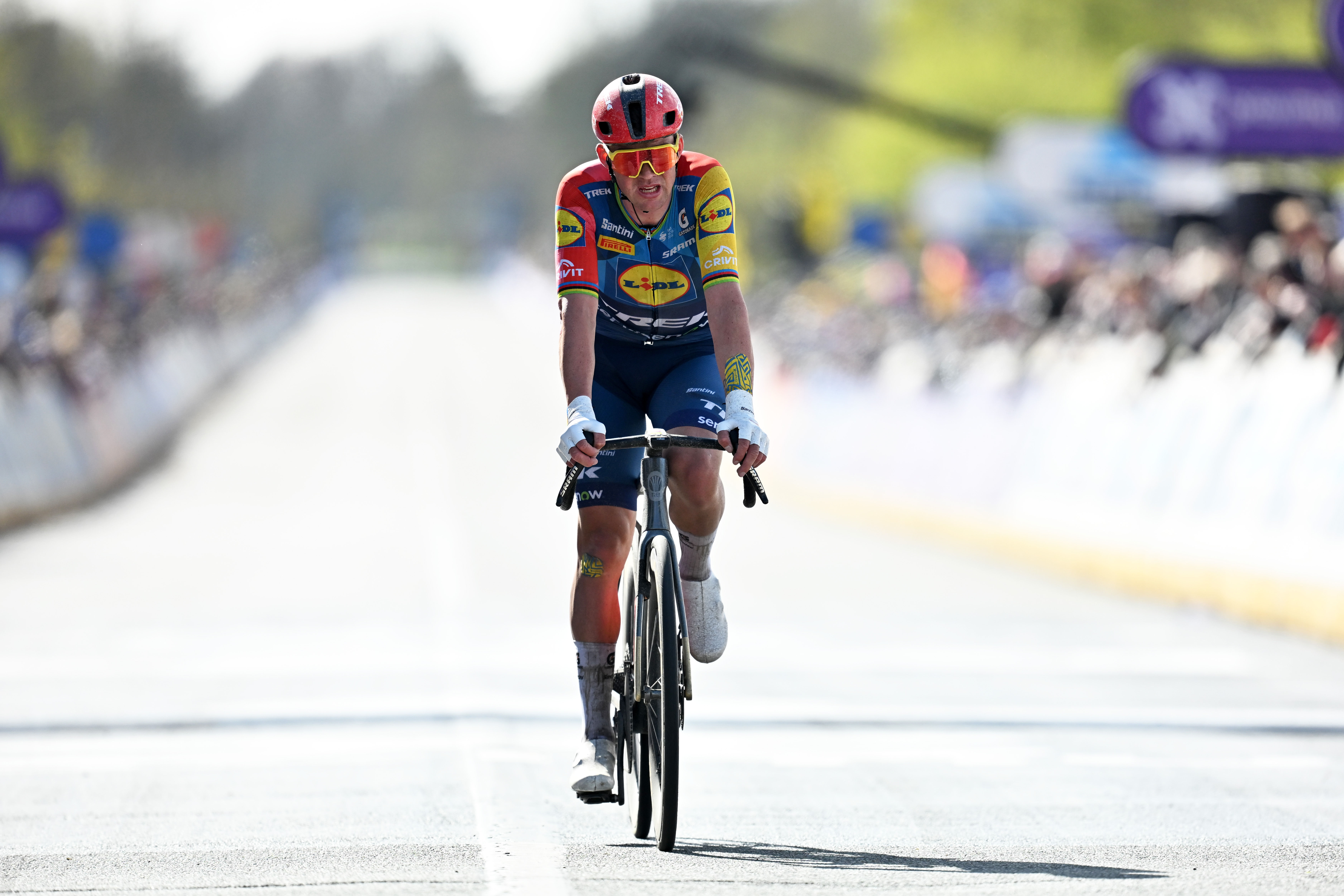 OUDENAARDE, BELGIUM - APRIL 05: Mads Pedersen of Denmark and Team Lidl - Trek crosses the finish line during the 110th Tour of Flanders - Ronde van Vlaanderen 2026 - Men&amp;amp;apos;s Elite a 278.6km one day race from Antwerp to Oudenaarde / #UCIWT / on April 05, 2026 in Oudenaarde, Belgium. (Photo by Dario Belingheri/Getty Images)