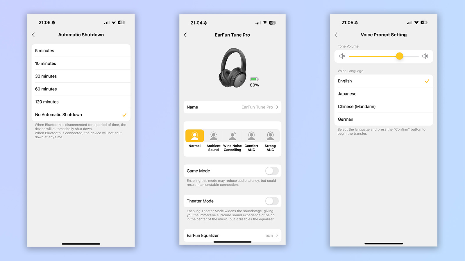 three screenshots from the earfun app