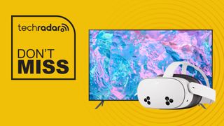 Samsung TV and Meta Quest 3S VR headset on yellow background with don't miss text overlay