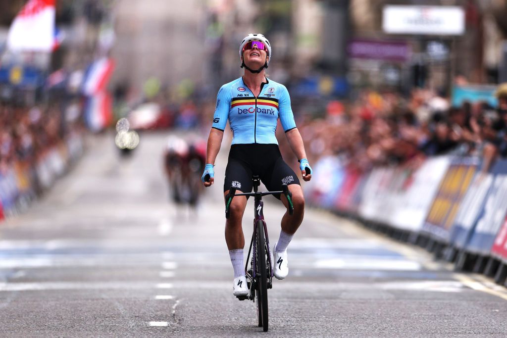 Lotte Kopecky of Belgium celebrates at finish line as race winner