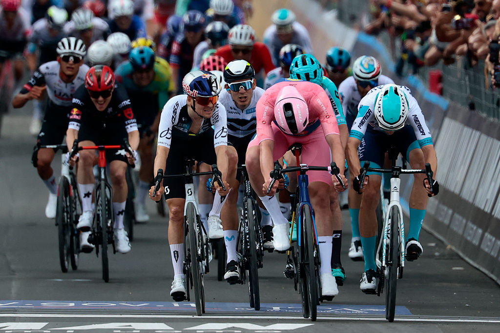 Lidl-Trek's Danish rider Mads Pedersen crosses the finish line to win the 5th stage of the 108th Giro d'Italia cycling race 151kms from Ceglie Messapica to Matera on May 14, 2025. (Photo by Luca Bettini / AFP)