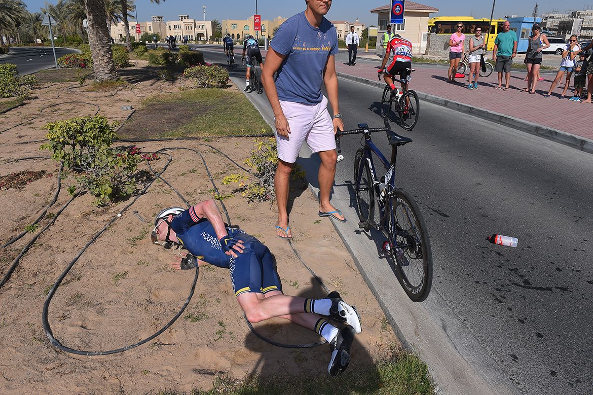 Lars Petter Nordhaug crashes on the opening day of action at the Dubai Tour