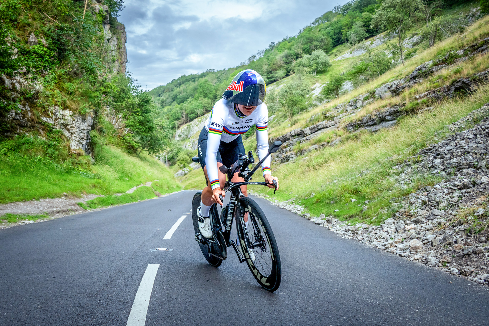 Zoe B&amp;auml;ckstedt (Canyon-SRAM) racing up Cheddar Gorge for Red Bull UK