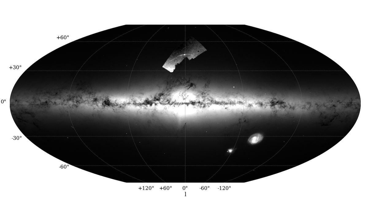 This all-sky view of the Milky Way galaxy shows the globular cluster Palomar 5 and its tidal tails in the top center.