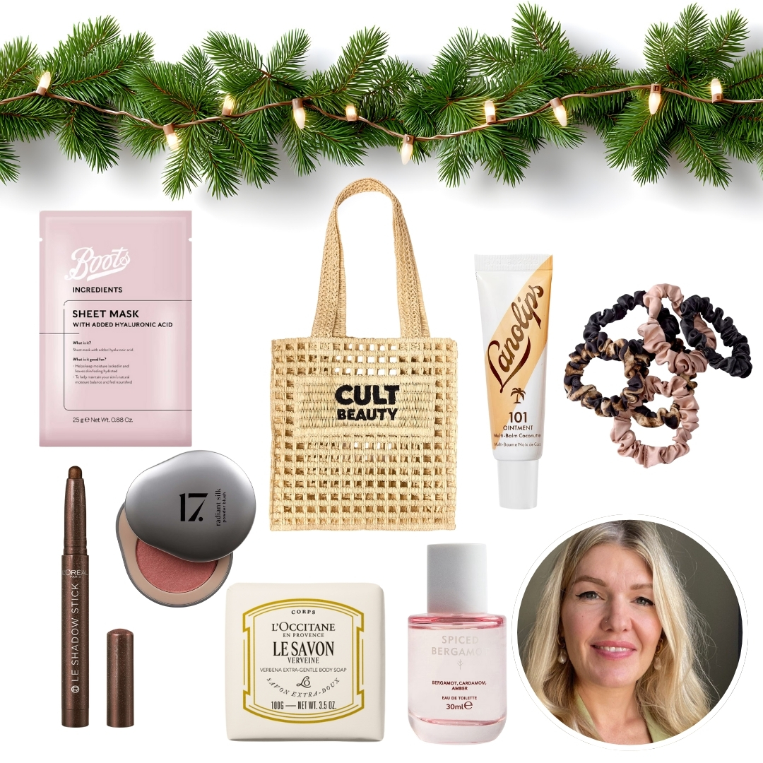 Green garland at top of image, a collage of beauty stocking fillers, with circular photo of Fiona McKim in bottom right