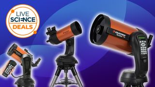 Celestron Nexstar telescopes on a blue background