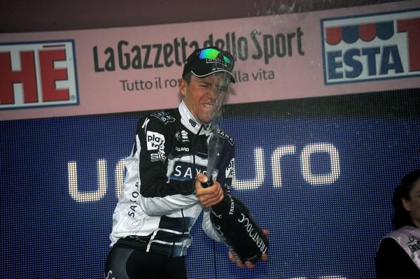 Chris Anker S&oslash;rensen (Saxo Bank) celebrates his stage win. It was also his first victory of the season
