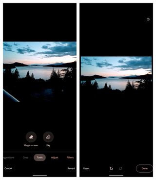 Before and after of Magic Eraser feature applied to a sunset photo on a Pixel 6 Pro