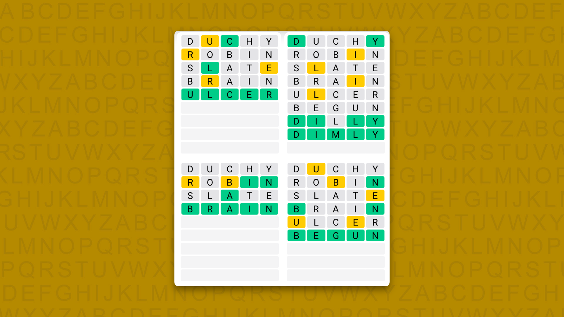 Quordle answers for game 1740 on a yellow background