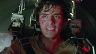 Oscar Isaac as Poe Dameron piloting in Star Wars: The Force Awakens