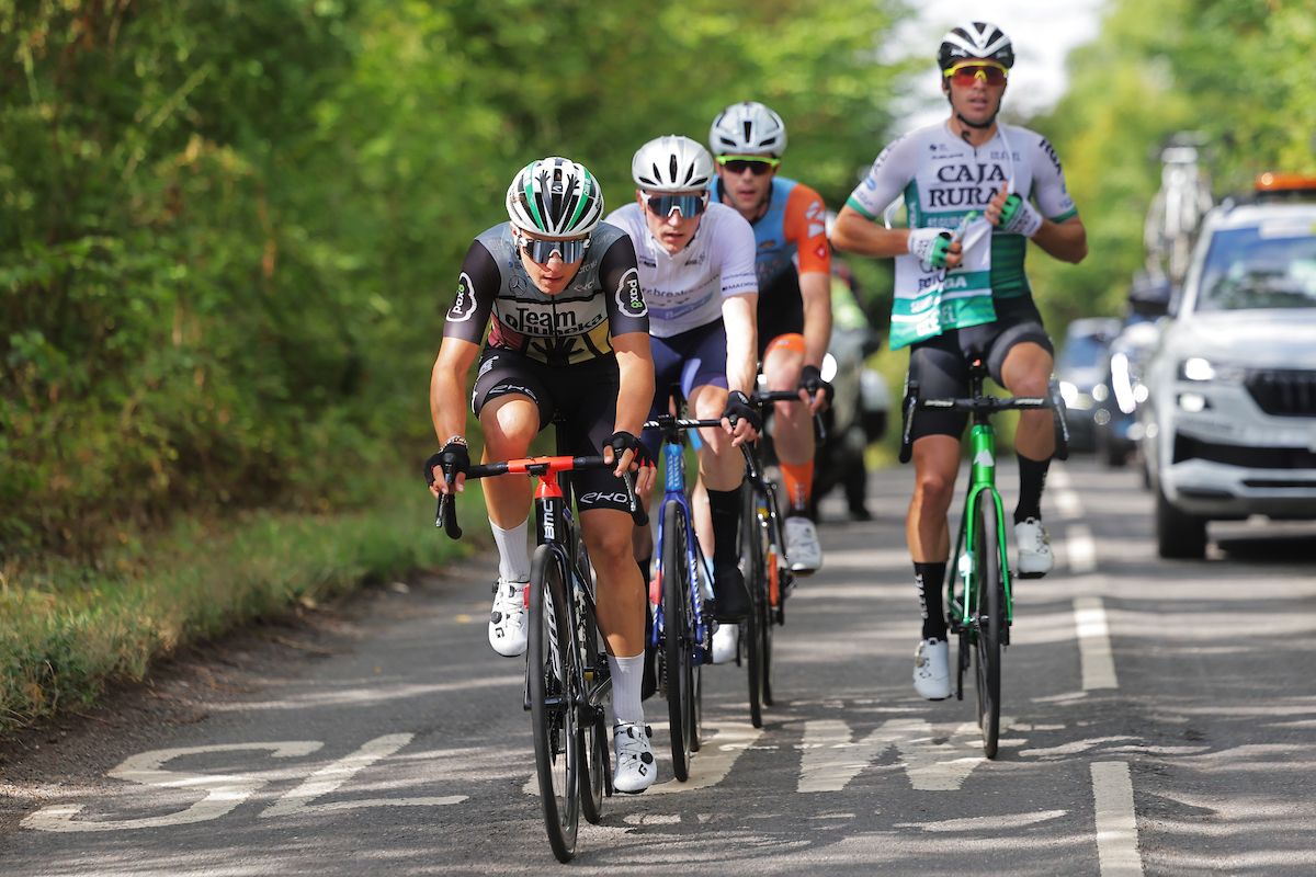 Picture by Alex WhiteheadSWpixcom 08092022 Cycling 2022 AJ Bell Tour of Britain Stage 5 West Bridgeford to Mansfield England Zeb Kyffin of Team Ribble Weldtite Pro Cycling Matt Teggart of Team WIV Sungod Alessandro Iacchi of Team Qhubeka and Joel Nicolau of Team Cara Rural Seguros RGA in the Breakaway
