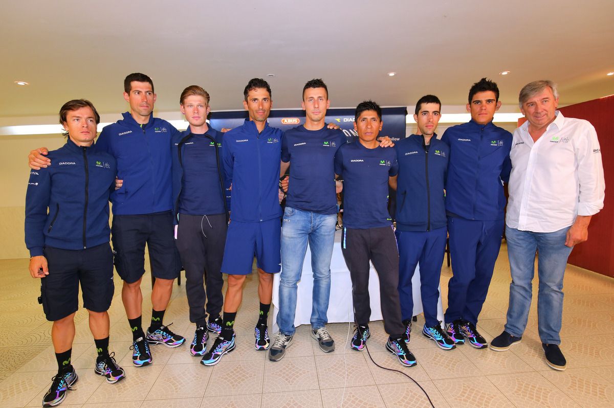 The Movistar TDF team with Adriano Malori after he announced his retirement at 29