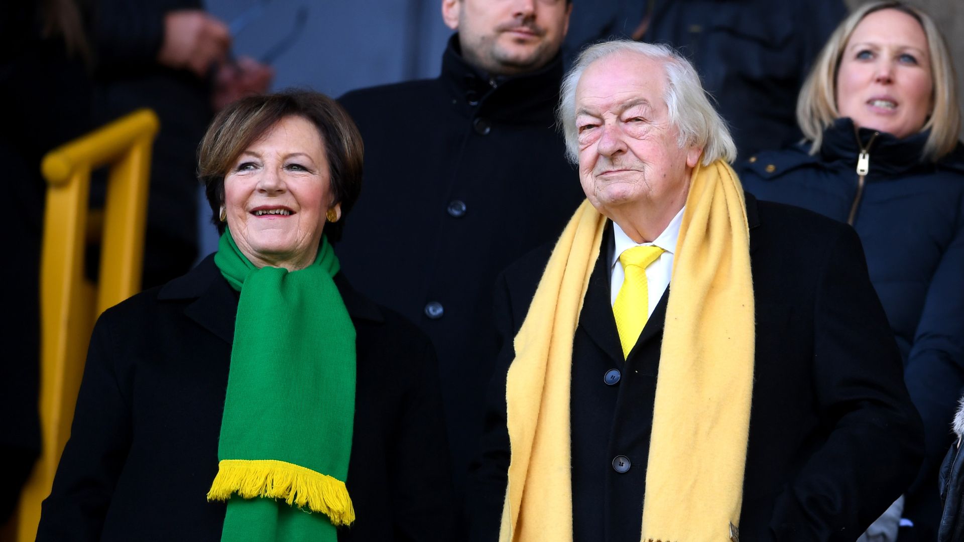 Delia Smith and Michael Wynn-Jones attend Wolverhampton Wanderers v Norwich City at Molineux on February 23, 2020