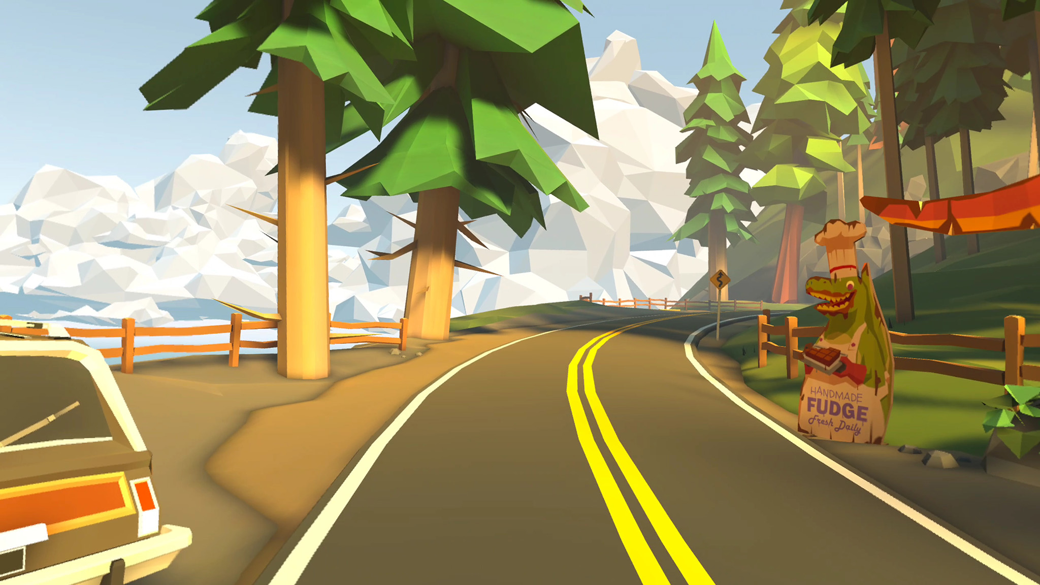 A screenshot of the Raptor Cliff's course in Walkabout Mini Golf taken from a Meta Quest 3 showing the roadside fudge stand and an old station wagon