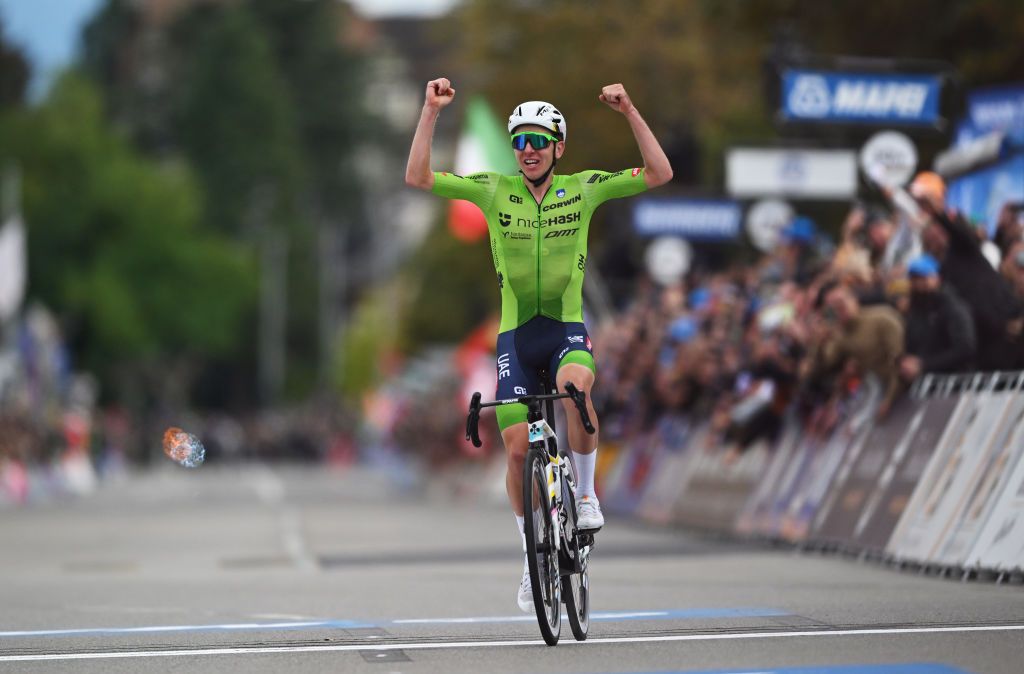 ZURICH SWITZERLAND SEPTEMBER 29 Tadej Pogacar of Team Slovenia celebrates at finish line as gold medal winner during the 97th UCI Cycling World Championships Zurich 2024 Mens Elite Road Race a 2739km one day race from Winterthur to Zurich on September 29 2024 in Zurich Switzerland Photo by Tim de WaeleGetty Images