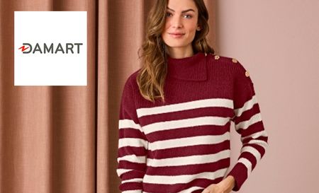Damart logo top left with a woman in stripped jumper