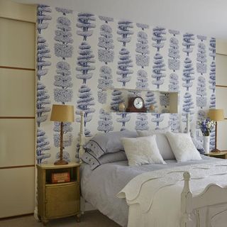 bedroom with sliding wardrobe and guild linnaeus wallpaper