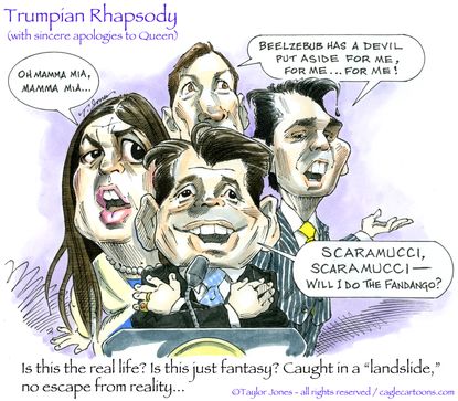 Political cartoon U.S. Trump Jr. Kushner Sarah Huckabee Scaramucci Bohemian Rhapsody