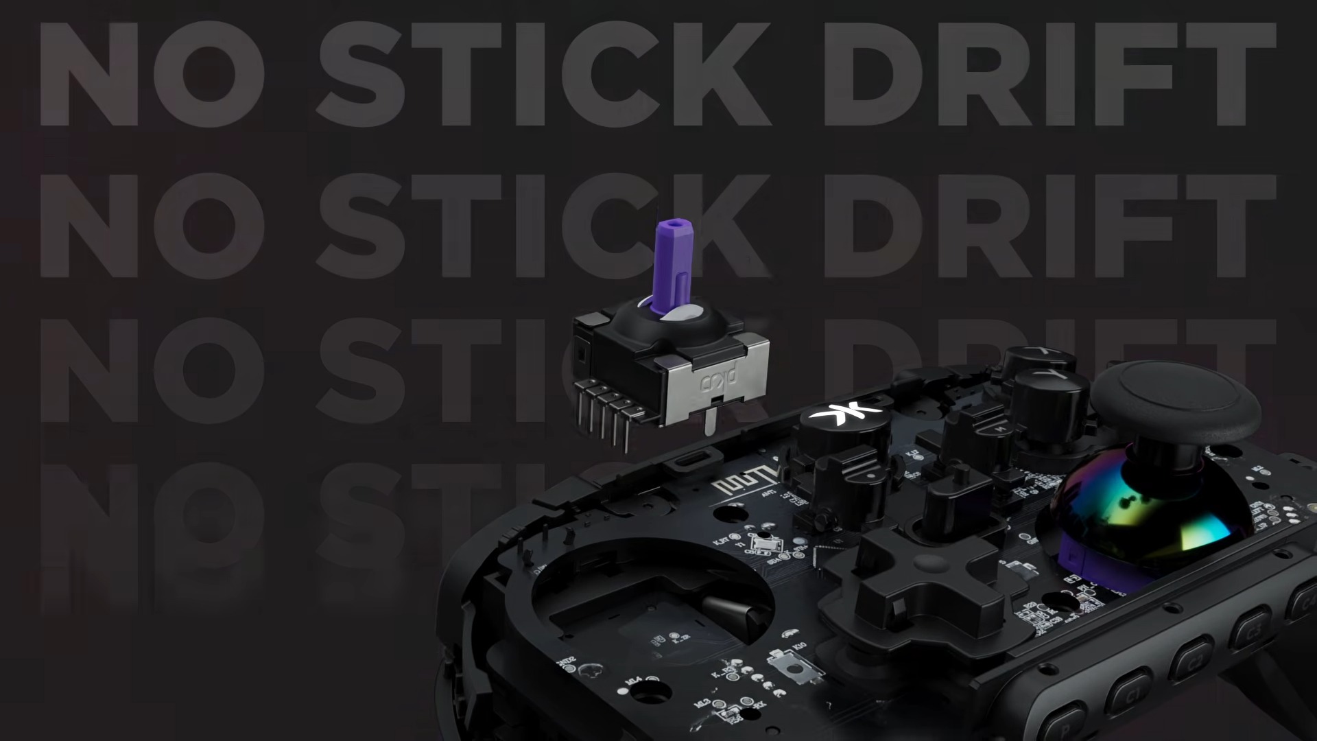 The CRKD Ult Pro's TMR thumbstick module in front of text that says "No stick drift"