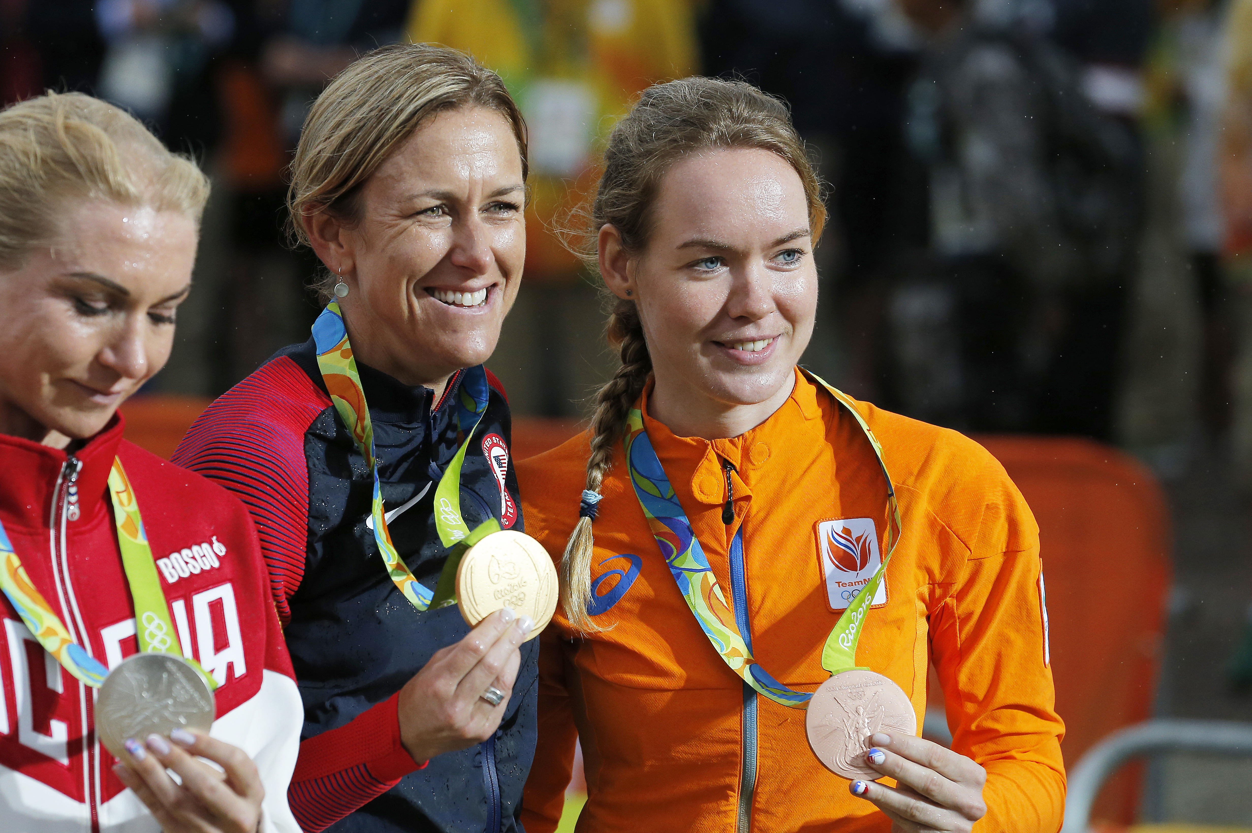 Cycling: 31st Rio 2016 Olympics / Women's Individual Time TrialPodium / Olga ZABELINSKAYA (RUS) Silver Medal/ Kristin ARMSTRONG (USA) Gold Medal/ Anna VAN DER BREGGEN (NED) Bronze Medal/ Celebration / Pontal - Pontal (29,7km)Time Trial ITT / Summer Olympic Games / (c)Tim De Waele