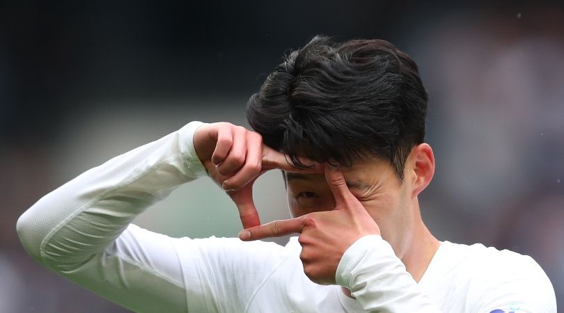 Son Heung-min celebrates after scoring for Tottenham against Leicester.