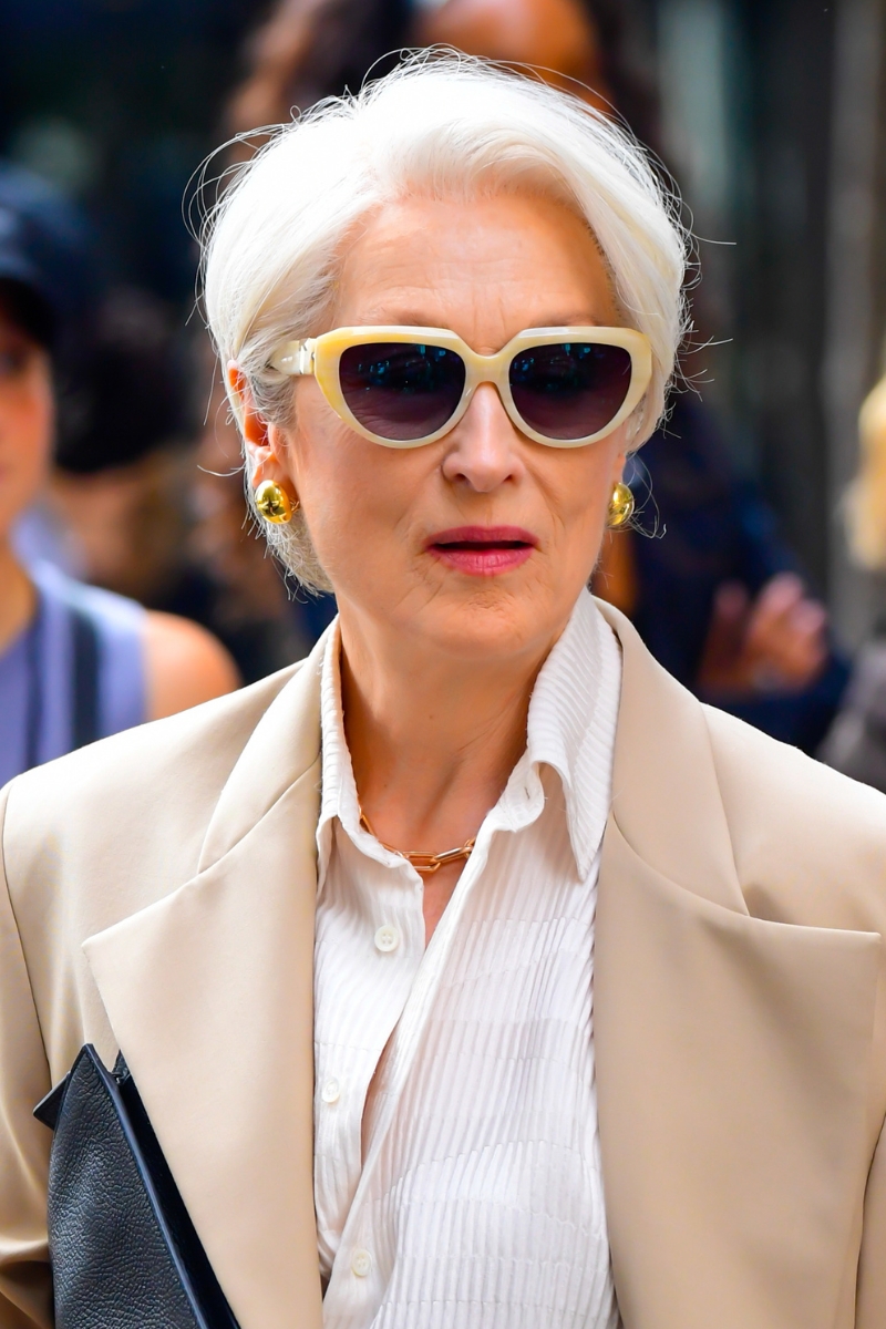 Meryl Streep is seen wearing sunglasses and with a stylish &#039;Power&#039; pixie hairstyle whilst filming scenes for &amp;quot;The Devil Wears Prada 2&amp;quot; on July 25, 2025 in New York City.