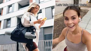 a photo of a woman walking in gym kit and a screenshot from TikTok