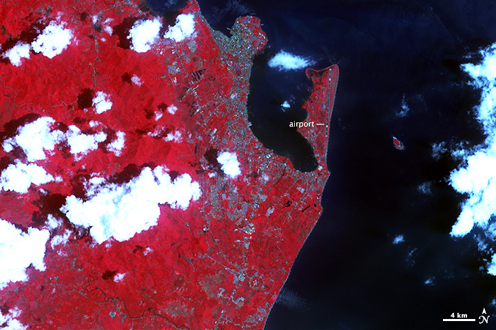The top image was taken Nov. 15, 2013, and the lower image was snapped on April 3, 2004. Debris covers Tacloban, and floodwater ponds and upturned trees stripped of leaves dot the ravaged landscape.