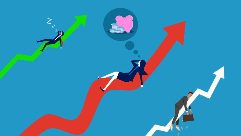Illustration of three successful businesspeople sleeping on the ascending lines of a graph. 
