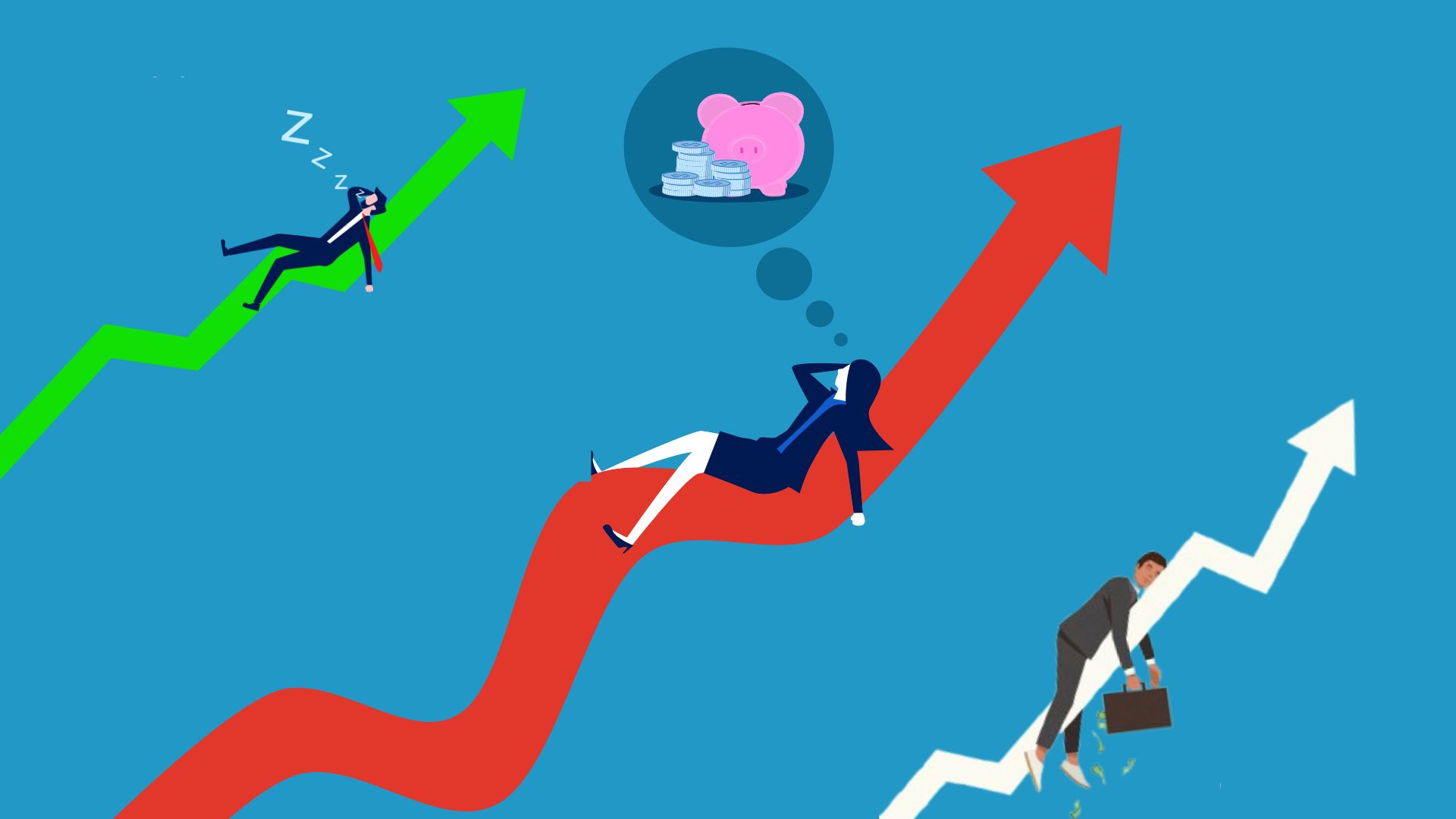 Illustration of three successful businesspeople sleeping on the ascending lines of a graph. 