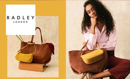 radley logo top left with a collage of a woman posing with two bags and image of the two bags on the left