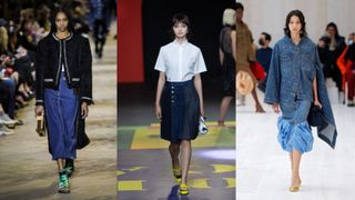 models on the catwalk wearing denim midi skirts denim trends 2022