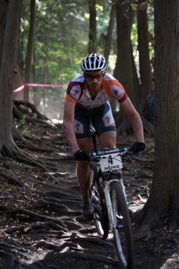 Second-place Darrin Braun (Adventure 212 / Specialized) chases down the roots at WORS Wigwam MTB Challenge.