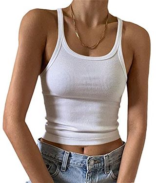 Artfish Women's Sleeveless Tank Top Form Fitting Scoop Neck Ribbed Knit Basic Cami Tight Fitted White S