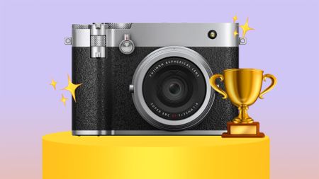 Fujifilm GFX100RF on a golden pedestal, next to a trophy on a purple beige background 