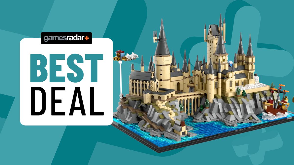 Lego Hogwarts Castle and Grounds set beside a &#039;best deal&#039; badge, all against an aqua background