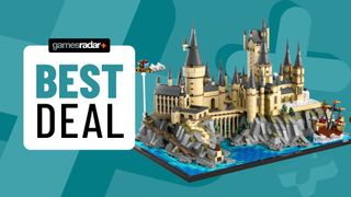 Lego Hogwarts Castle and Grounds set beside a 'best deal' badge, all against an aqua background